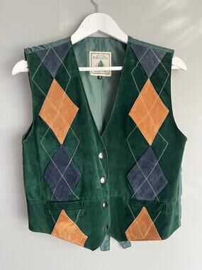 Vintage Northwest Territory Leather Suede Vest Womens M Green Argyle Patchwork